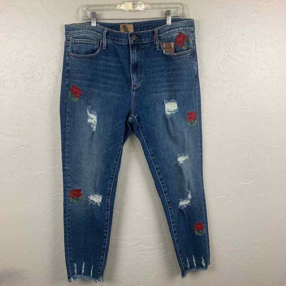 Women's Blue Distressed Jeans with Red Rose Embroidery